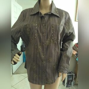 CERVELLE Brown Striped Floral Button-Up Shirt W PKTS. UNIQUE BUTTONS SEQUIN SZ L